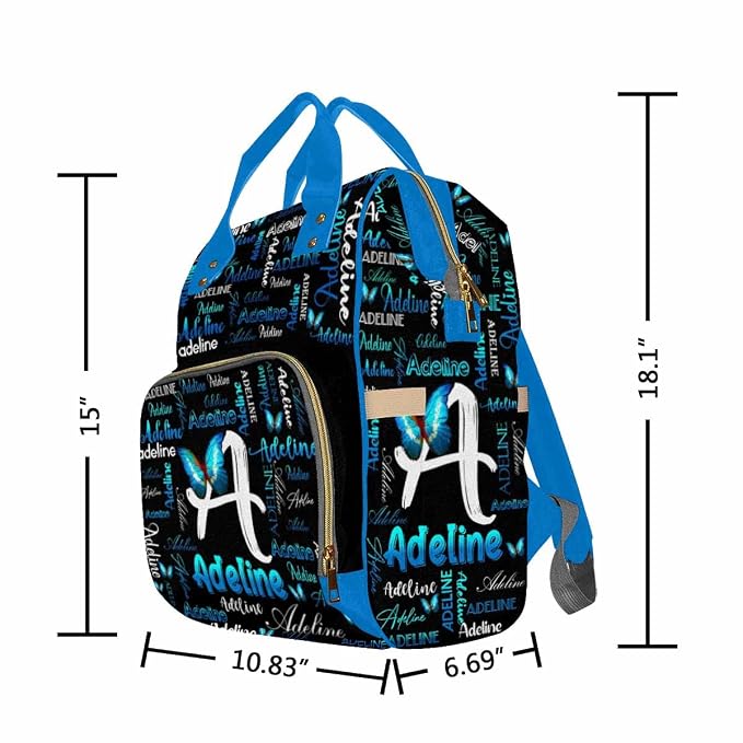 InterestPrint Personalized Diaper Bag with Name Custom Blue Butterfly Monogram Diapering Bags Customized Signature Mommy Nappy Bag Fashion Backpack Shoulder Bag Casual Daypack Bag for Travel Outside