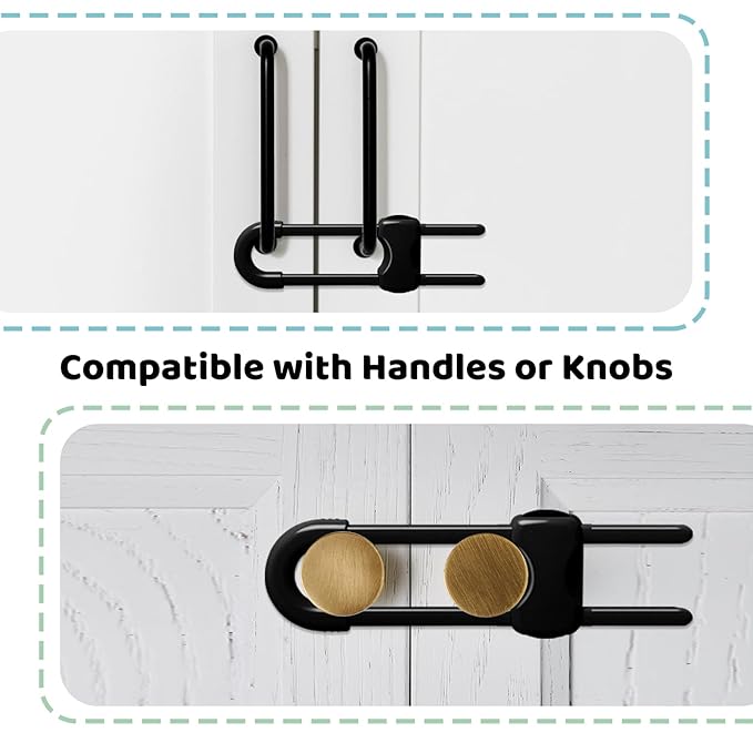 Baby Proofing Cabinets, Sliding Cabinet Locks for Babies, Adjustable U Shaped Baby Safety Locks, Childproof Cabinet Latch for Kitchen, Bathroom, Drawer, Cupboard Doors Knobs & Handles (6 Pack Black)