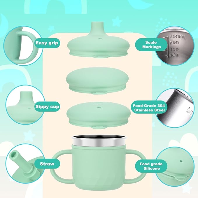 BUSOHA Stainless Steel Toddler Sippy Cup ??8oz Spill-Proof Straw Cup for 6+ Month Babies & Toddlers, 3-in-1 Reusable Travel Cup with Brush ??Dishwasher Safe, Kids Drinking Cup