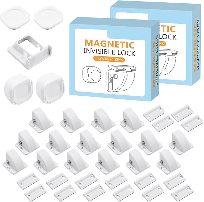 Magnetic Cabinet Locks for Baby Safety, No Drill Adhesive Child Proof Latches, No Tools Needed for Easy Installation, Secure and Multi-Purpose for Drawers and Cupboards(16 locks and 2 Key)