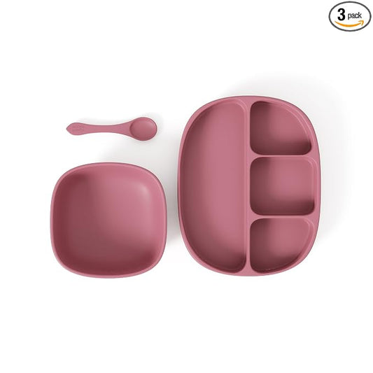 Baby Led Weaning Supplies by Muqee Peeko with Baby Suction Plate, Suction Bowl and Baby Spoons Self Feeding 6+ months in Warm Vanilla Beige Color (3 Piece Set)