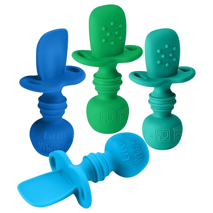 LittleWhispers Baby Silicone Spoons - Self Feeding 6 Months - Infant, Toddler, & Kid Friendly Utensils - First Stage, Baby Led Weaning - 4 Pack Utensil Set (Vibrant Blues)