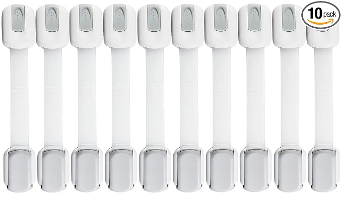 10 Pack Multi-Use Baby Locks, Safety Cabinet Child Proofing, Quick and Easy 3M Adhesive for Cabinets, Drawers, Fridges Toilet Seats and More (White)