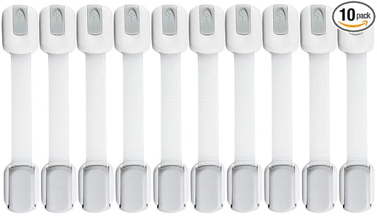 10 Pack Multi-Use Baby Locks, Safety Cabinet Child Proofing, Quick and Easy 3M Adhesive for Cabinets, Drawers, Fridges Toilet Seats and More (White)