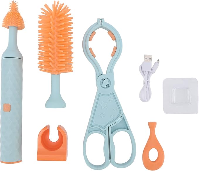 Fafeicy Electric Baby Silicone Pacifier Bottle Brush Set IP65 Bottle Brush Ergonomic Brush Handle for Many Objects (4pcs Blue)