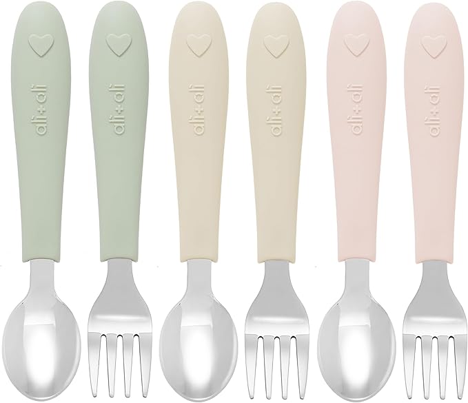 Ali+Oli Toddler Utensils Set (6 Pack) ??Stainless Steel Kids Silverware with Soft Silicone Handles, BPA Free Baby Forks and Spoons, Durable Children Flatware Dishwasher Safe for Self Feeding (Hearts)