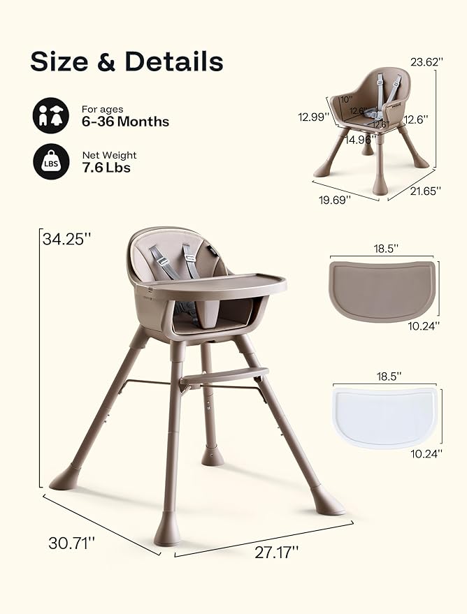 HARPPA 2 in 1 Baby High Chair for Babies and Toddlers, Convertible High Chairs with Removable Double Tray, Waterproof PU Seat Cushion, Anti-Slip Footrest and 5-Point Harness for 6??6 Months, Beige