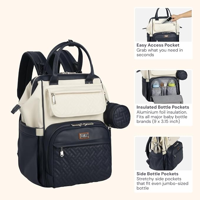 BabbleRoo Leather Diaper Bag Backpack, Multifunction Large Bags with Changing Pad & Stroller Straps Pacifier Case, Unisex Stylish Travel Back Pack Nappy for Moms Dads (Blueberry Cream)
