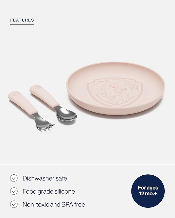 Lalo PAW Patrol Plate & Utensil Set For Kids - Dishwasher Safe Toddler Dinnerware Set - BPA Free for Over 12 Months - Includes Plate, Ergonomic Spoon and Fork - 3 Pieces - Skye