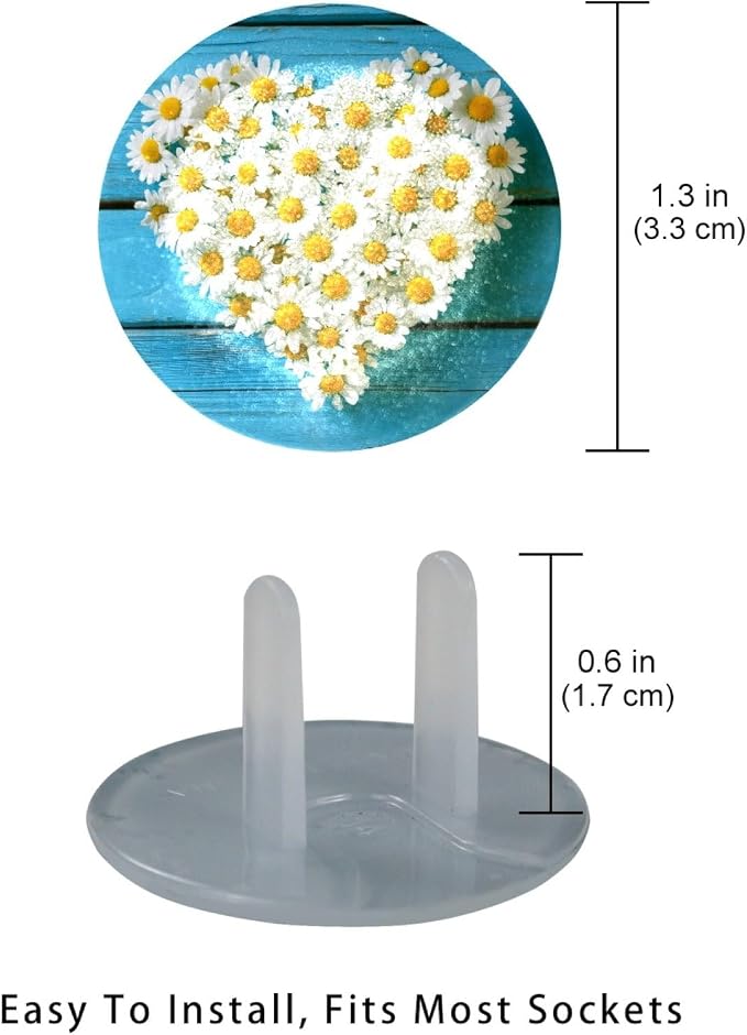 Daisy Heart Shape Wooden Background Outlet Covers Baby Proofing Child Proof, 12 Packs Outlet Plug Covers, 2-Prong Electrical Safety Socket Caps, Wall Plates Receptacle Protector Guard