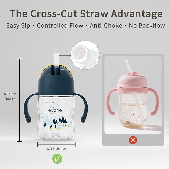 Evorie Tritan Weighted Straw Sippy Cup with Handles for Baby and Toddlers, Spill Proof Baby Water Bottle with Straw for 6 Months and up, 7 Oz, Infant Training Water Bottle (Bumble bee)