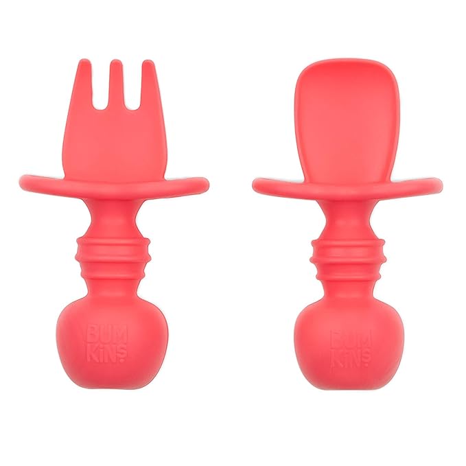 Bumkins Baby Utensils Set, Chewtensils Silicone Spoons for Dipping, Self-Feeding, Baby Led Weaning, Trainer Learning, First Stage Eating, Soft Practice Fork and Spoon, Babies 6 Months, Red