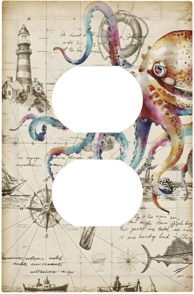 Cool Colorful Nautical Octopus Ocean Kraken Vintage Outlet Covers 1 Gang Duplex Light Switch Cover Decorative Switch Plates Electrical Receptacle Faceplate Wall Plate for Bathroom Farmhouse Decor