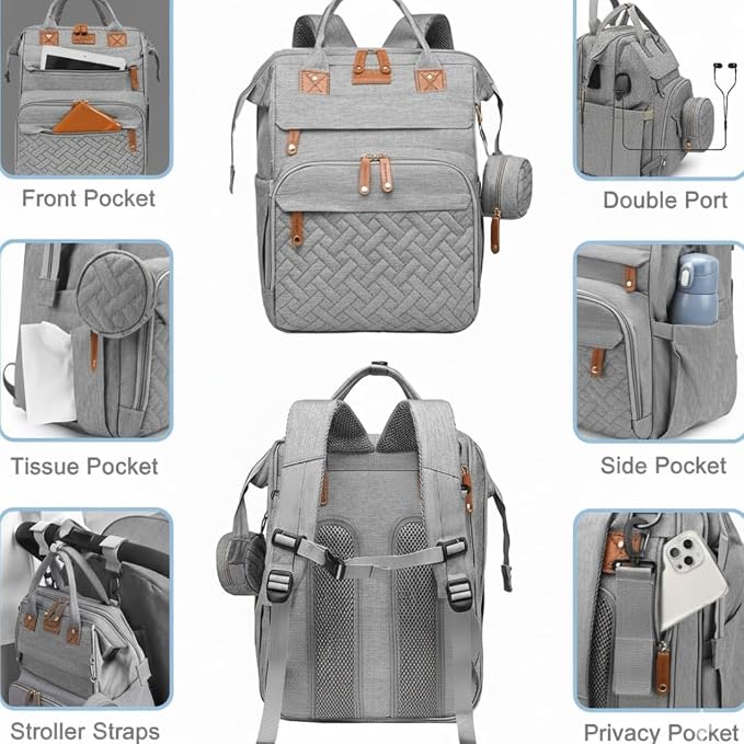 Diaper Bag With Changing Pad, Travel Waterproof Bagpack Diaper Bag For Mom Dad With USB Charging Port, Large Capacity & Multifunctional With Insulated Pacifier Case - Grey