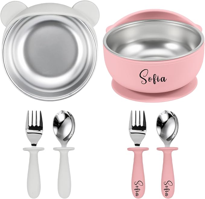 Personalized Stainless Steel Baby Bowls with Suction, Custom Name Toddler Fork and Spoon Set for Self Feeding, 4-Pc Set for Baby Led Weaning, Ideal for Showers & Birthdays