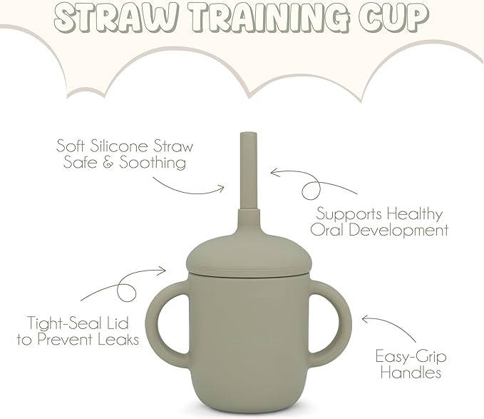 Silicone Baby Feeding Set - 100% Pure LFGB Premium Silicone - 8 Piece Feeding Set: Bib, Straw Cup, Suction Plate & Bowl, Fork & Spoon, Self-Feeding Spoons - BPA-Free, BPS-Free (OLIVE)
