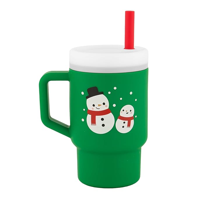 Infantino My 1st Tumbler, 9 Oz. Silicone Sippy Cup with Straw & Handle, Spill-Resistant Baby Cup for On-the-Go, BPA-Free Transition Bottle, Green Snowman