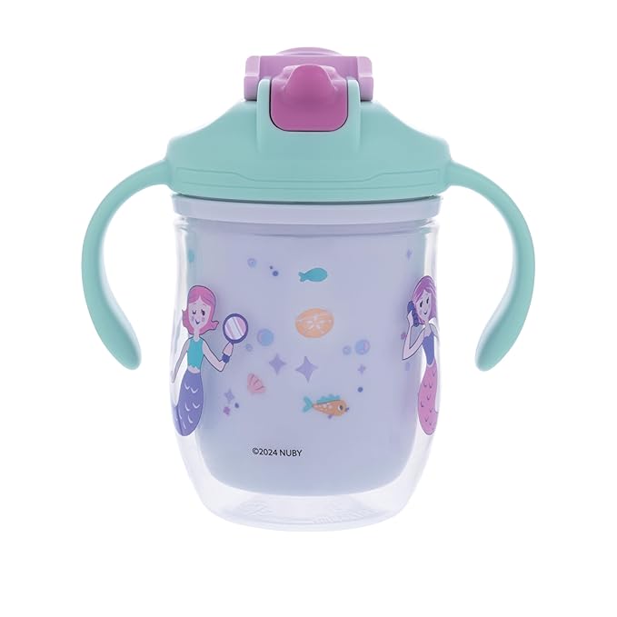 Nuby 2-in-1 Insulated Toddler Cup with 360° Weighted Straw & Hard Spout - 7 oz - Leak-Resistant with Easy Grip Handles - 4+ Months - Mermaids
