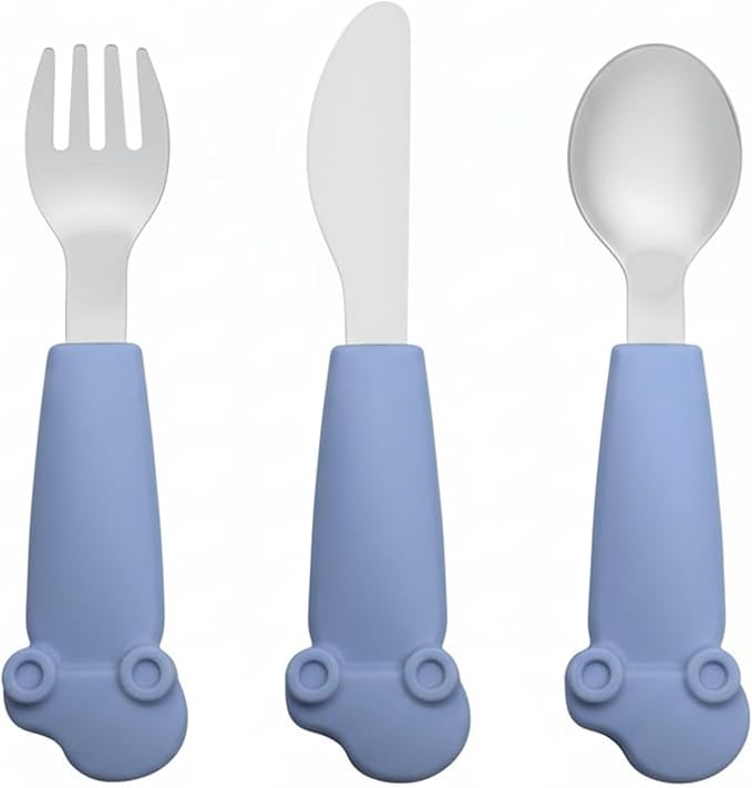 Stainless Steel Silverware Set – Silicone Handle Fork, Spoon & Knife – BPA-Free, Self-Feeding Toddler Utensils | Car Design (Blue)
