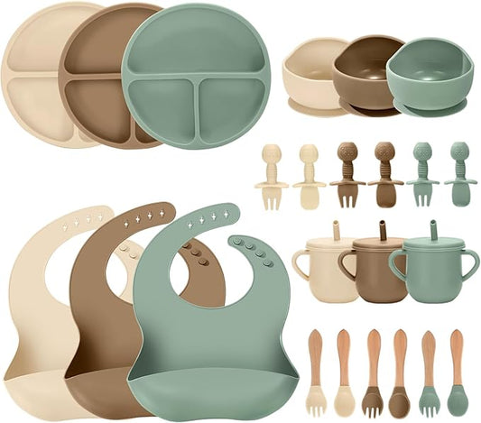24 PCS Silicone Baby Feeding Set, Baby Led Weaning Supplies Includes Suction Bowls and Divided Plates, Adjustable Silicone Bib, Spoons&forks, Training cup with straw (Green+Brown+Beige)
