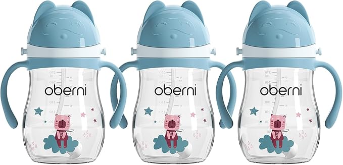 Oberni Toddler Sippy Cup, Tritan Baby Water Bottle With Non-Spill Valve Spout, Removable Handle and Carry Strap, 270ml/12m+/Blue/Pack of 3