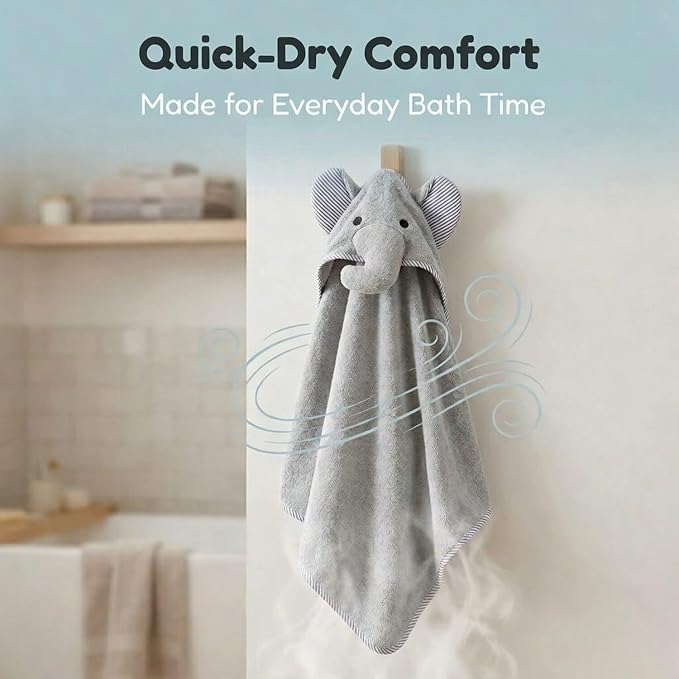 EVERYDAY KIDS Hooded Baby Toddler Bath Towel for Boys and Girls - 3D Gray Elephant with Ears and Trunk; Soft and Absorbent Terry Cloth Hooded Towel for Young Kids; Gender Neutral Baby Bath Essential