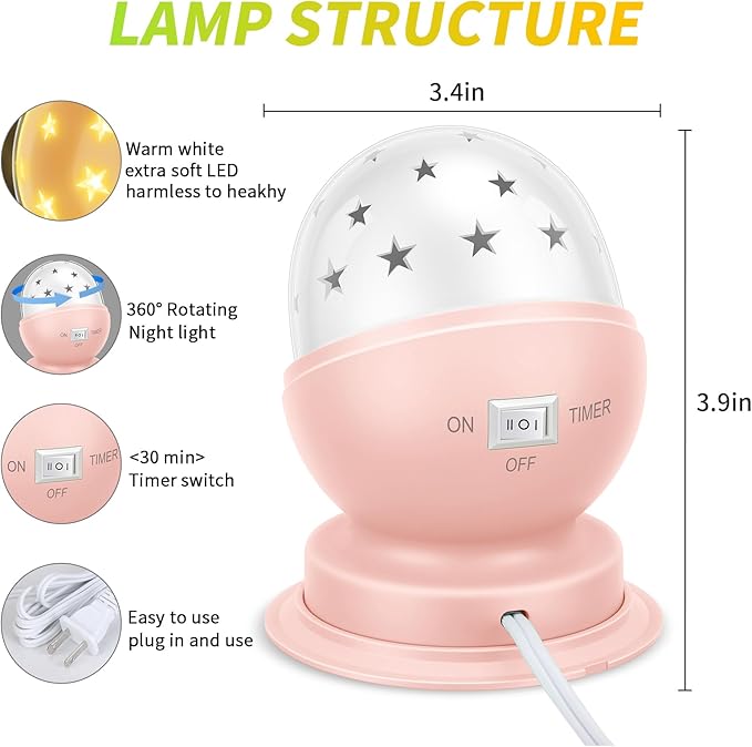 Star Night Light for Kids, 360° Rotating Starry Ceiling Projector for Kid?™s Bedroom with Timer, 3000K,Pink,1 Pack
