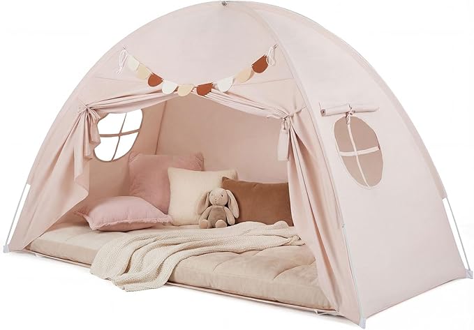 Costzon Toddler Bed Tent, Twin Size Indoor Canopy Tent for Kids w/ 2 Windows, Flag Banner, Brushed Fabric Privacy Playhouse, Portable Play Tent for Bunk Bed, Playroom, Suits 3+ Boys & Girls (Beige)