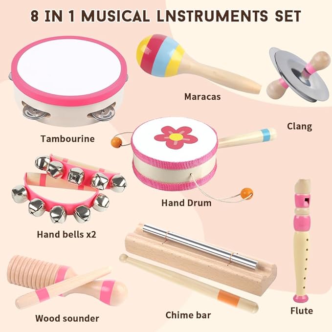Toddlers Musical Instruments for 1 2 3 Year Old Girl,Baby Montessori Wooden Musical Toys for Toddlers1-3 Year Old,Kids Musical Toy for Preschool,Christmas Birthday Gift for Baby Girls (Pink 8 in 1)