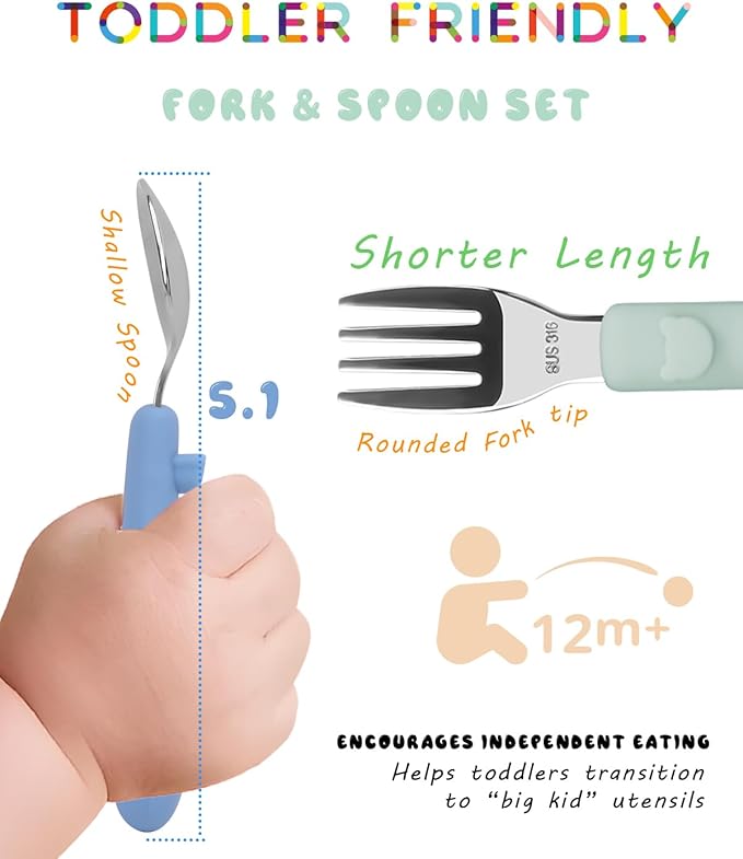Bakpoco 6PCS Toddler Utensils, 316 Stainless Steel Baby Safe Forks + Spoons with Silicone Handle, BPA Free Dishwasher Safe Kids Silverware Cutlery with Box, Sage/Blue/Blush