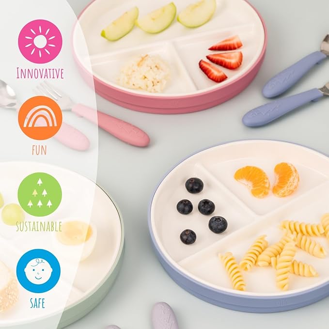 Elk and Friends Kids 6.7??Porcelain Divided Plates with Silicone Suction Sleeves | Suitable for Babies/Kids/Toddlers | Microwave & Dishwasher Safe | Non Slip | Snack Dishes | 4 Pack