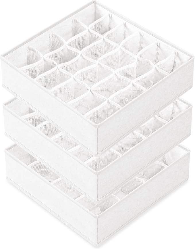 Criusia 3 Pack Sock Underwear Drawer Organizer Dividers, 64 Cell Fabric Foldable Cabinet Closet Organizers and Storage Boxes for Storing Socks, Panties, Ties (16+24+24 Cell, White)