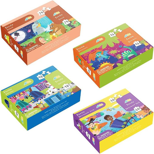 Dinomini Floor Puzzles for Toddlers 4-in-1 Value Pack - 4 x Puzzles for Toddlers 2-4 - 24, 36, 48 & 60 Pieces - Preschool Learning Activities - Learning & Educational Toys