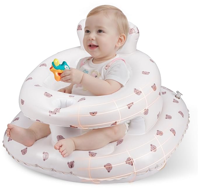 Inflatable Baby Seat for Babies 3??6 Months, Aloxina Sit Me Up Floor Chair with Built-in Air Pump, Extra-Wide Base & Anti-Tip Support, Infant Chair for Sitting & Feeding ??Bear