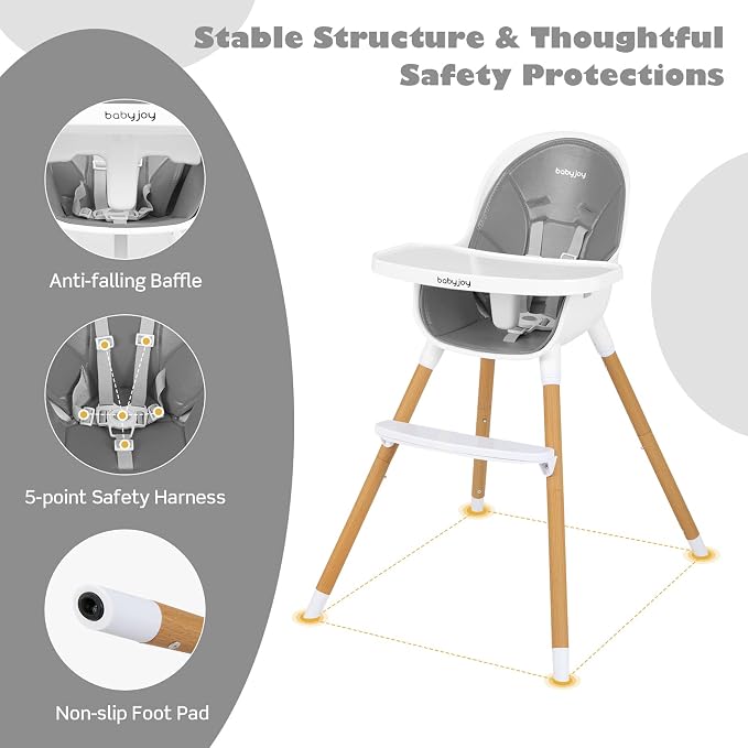 BABY JOY Convertible Baby High Chair, 3 in 1 Highchair w/Adjustable Legs, Dishwasher Safe Tray, Detachable PU Cushion, Footrest, 5-Point Harness for Babies Infants Toddlers (Gray)