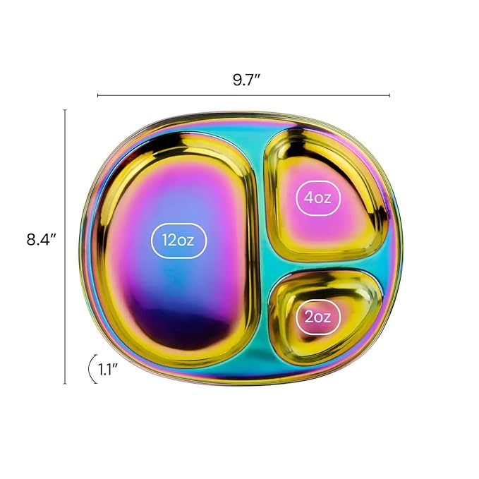 Ahimsa Stainless Steel Plates For Kids, Pediatrician Designed Colorful Divided Plates for Toddlers & Baby, Non Toxic, Unbreakable & Dishwasher Safe, Rainbow Set of 4