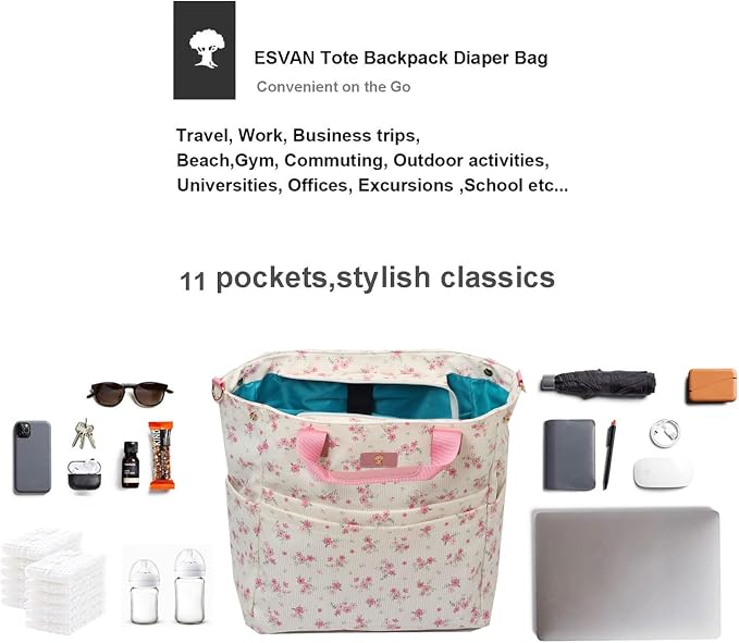 ESVAN Diaper Tote Bag Totepack Backpack Crossbody Bag 3 in 1 for Women Laptop Backpack Multifunctional with Insulated Pockets