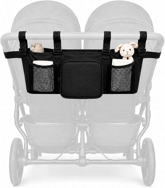 Double Stroller Organizer for Bob Duallie Baby Jogger City Mini GT2 Jeep,Adjustable Straps Universal Caddy Organizer with Cup Holders, Large Storage Accessory Bag