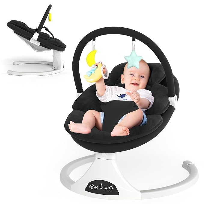 Electric Baby Swing with Remote Control - 5 Natural Motion Speeds, Detachable Seat Pad | Portable Infant Swing for Indoor/Outdoor Use (0-6M, 20lbs) (Black)