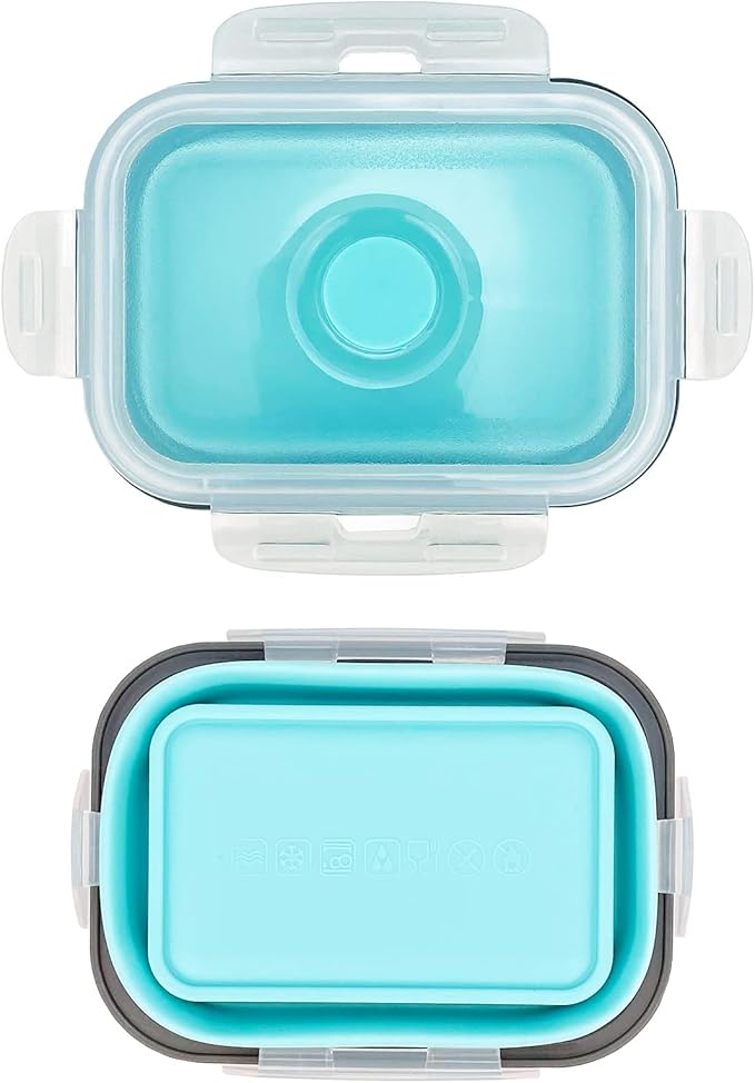 CCyanzi 3piece Collapsible Food Storage Containers with Lids, Silicone Lunch Container, Microwave & Freezer Safe, Space Saving for Kitchen Cabinet and Camping Backpack,(blue gray)