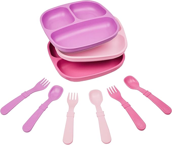 Re-Play Toddler Dinnerware Set - 3 Divided Plates with 3 Fork and Spoon Sets - BPA-Free Kids Tableware - Dishwasher Safe - Made in USA from Recycled Materials, Princess