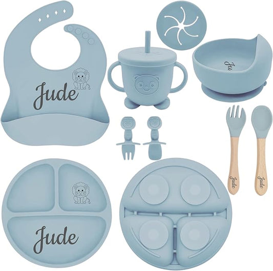 Personalized Silicone Baby Feeding Set with Engraved Name - Custom Baby Bib, Suction Plate, Bowl and Spoon - Silicone Weaning Set - Ideal First Birthday
