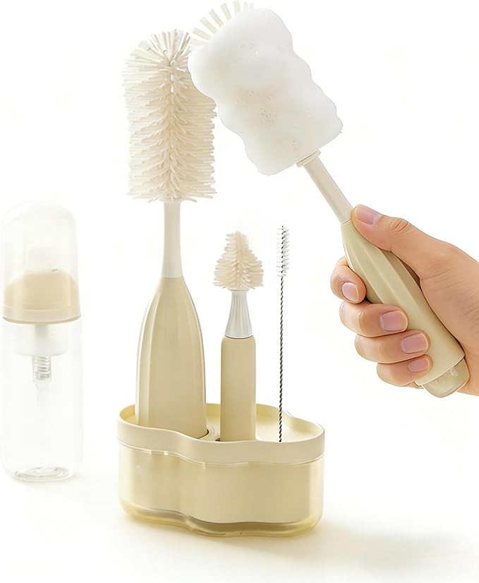 All-in-One Press-to-Foam Silicone Baby Bottle Cleaning Kit with Bottle Brush, Nipple/Straw Brushes, Tabletop Dring Rack, BPA Free for Baby Bottles, Breast Pumps,Small Appliances,Travel-Friendly