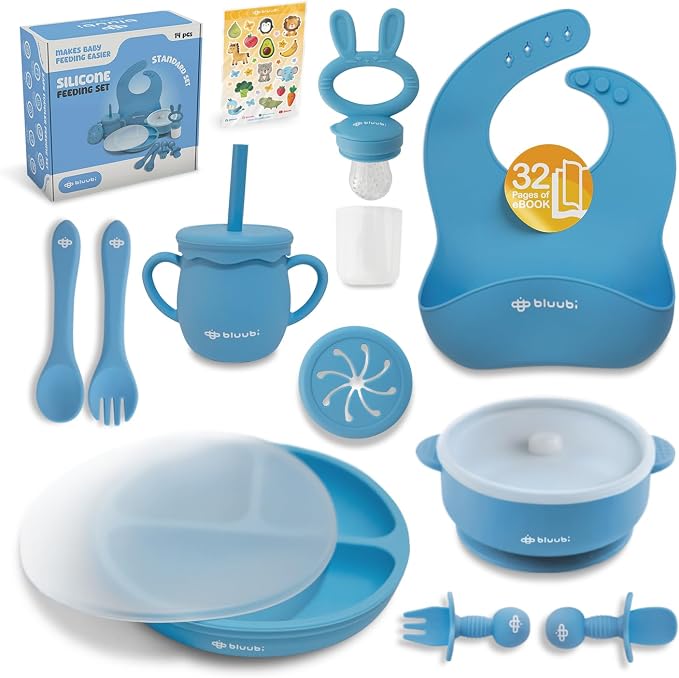 Silicone Baby Feeding Set - Infant Tableware for First Foods & Baby, Led Weaning (0+ Months), Easy to Clean, Durable, Perfect for Baby Boy or Girl, Solid Feeding - Blue - Standard
