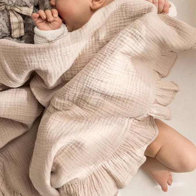 Newborn Baby Blanket, Toddler Blanket, 100% Cotton 4 Layers Soft Swaddling Receiving Blanket with Ruffle, Breathable and Lightweight Blanket, 34 x 26 inch