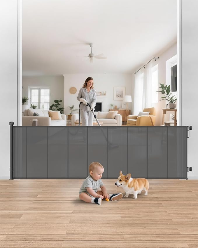Retractable Baby Gate Extra Wide, 100" Wide Anti-Sagging Pet Gate with 8 Support Rods, 34" Tall Scratch-Resistant Extra Long Dog Gate for Large Openings, Doorways & Open Spaces, Gray