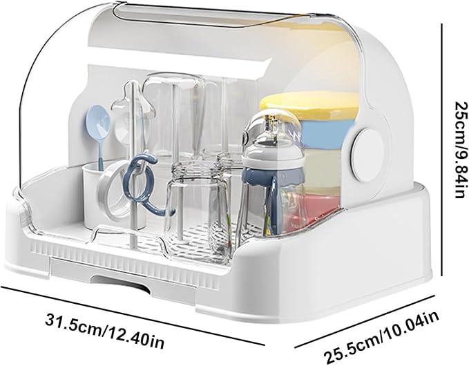 Baby Bottle Drying Rack with, Space Saving Storage Box with Lid and Removable Drain Tray, Large Baby Bottle Storage, Bottle Rack Dryer Reusable Bottle Holder for Baby, White