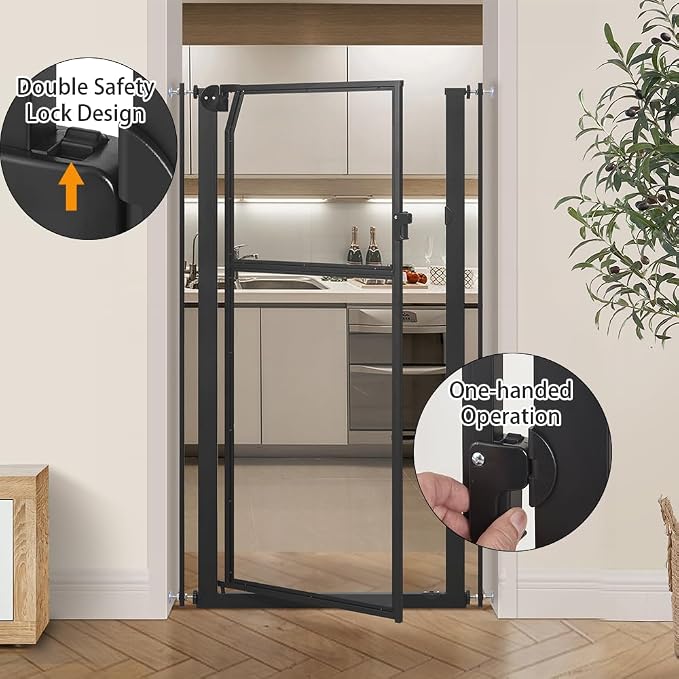 unipaws 56" Extra Tall Pet Gate, Clear Transparent Tall Cat Gate, 29.5-33.5" Wide No Drilling Pressure Mounted Dog Gate for Doorway, Hallway, Stairs, Black