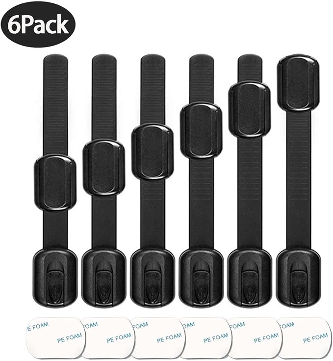 Baby Safety Cabinet Locks, 6 Packs Adjustable Childproof Straps with Adhesive for Dresser Drawer Cupboard Doors Closet Oven Refrigerator Fridge