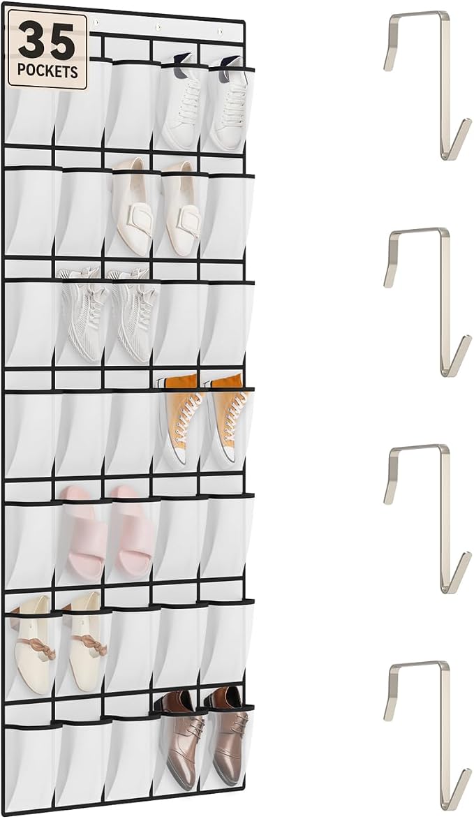 dodowin Over the Door Shoe Organizer Rack, 35 Large Breathable Mesh Pockets, Foldable Hanging Storage Holder for Closet Door, Space Saving Shoe & Accessory Organizer with 4 Metal Hooks, White